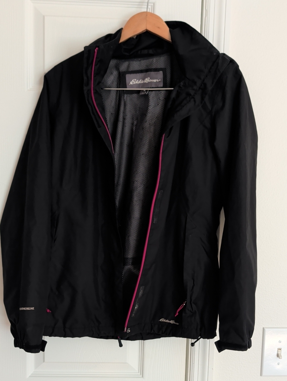 Eddie Bauer Black Hooded Rain Shell/Light weight Jacket with Pink Trim